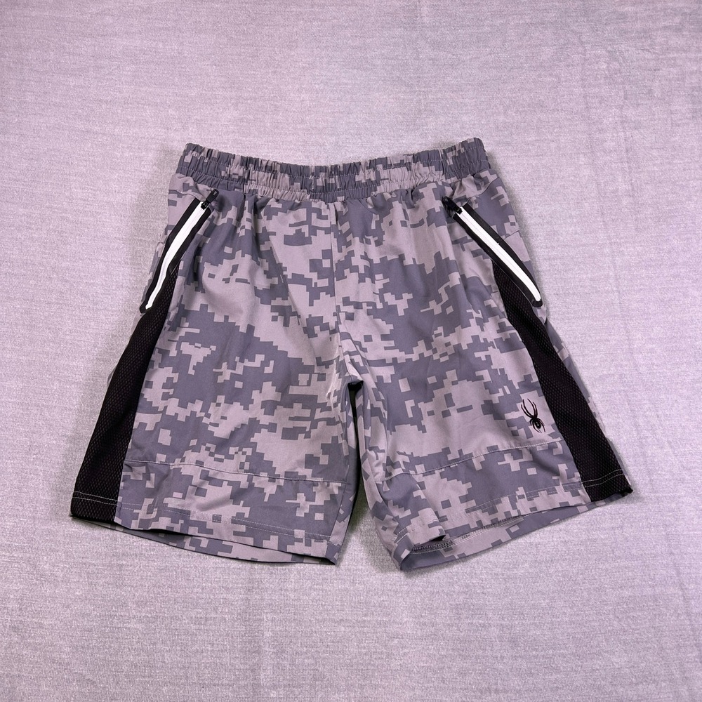 Spyder Active Digital Camo Zipper Pockets Mid Rise Athletic Shorts Mens L Gray